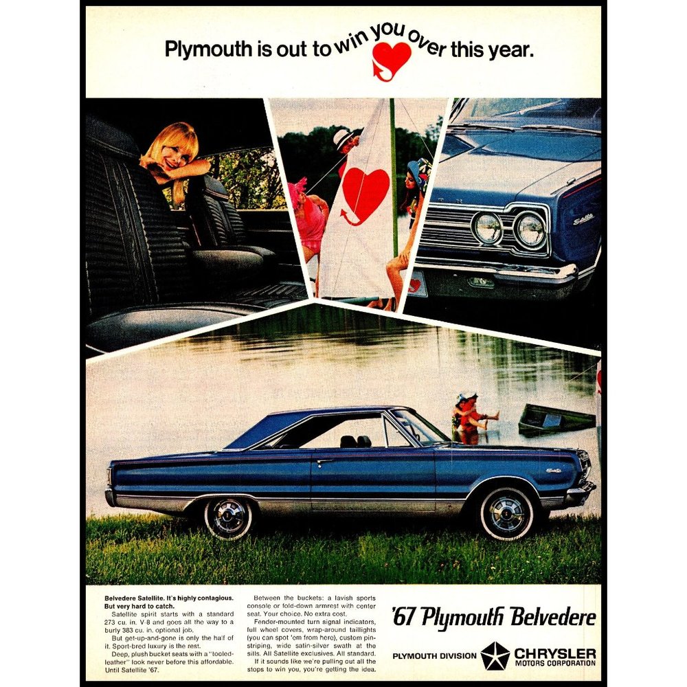1967 Plymouth Belvedere Satellite Vintage Print Ad Lake Sailboat Blonde Wall Art